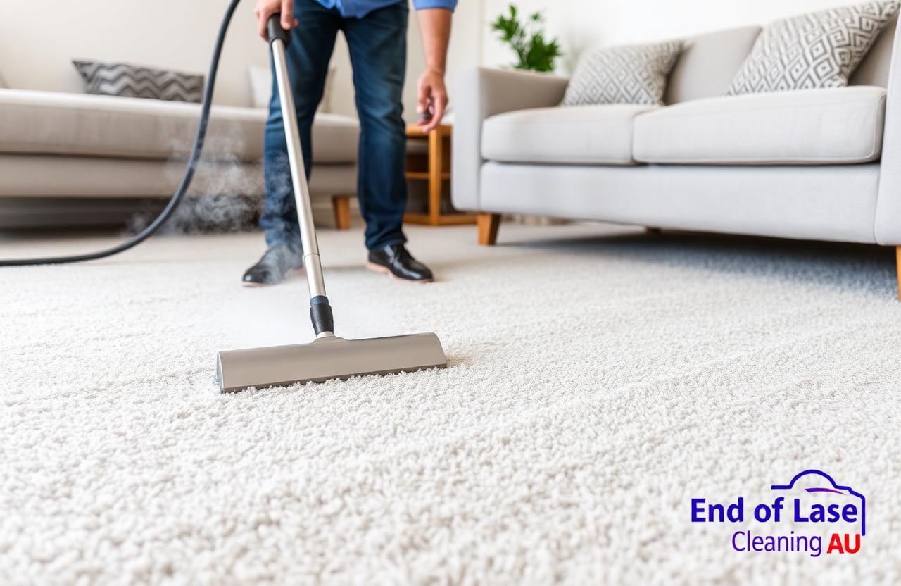 End of Lease Cleaning AU technician steam cleaning a light grey carpet in an Australian living room