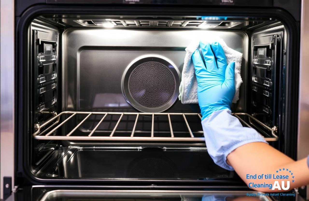 End of Lease Cleaning AU cleaner wiping the inside of a spotless stainless steel oven