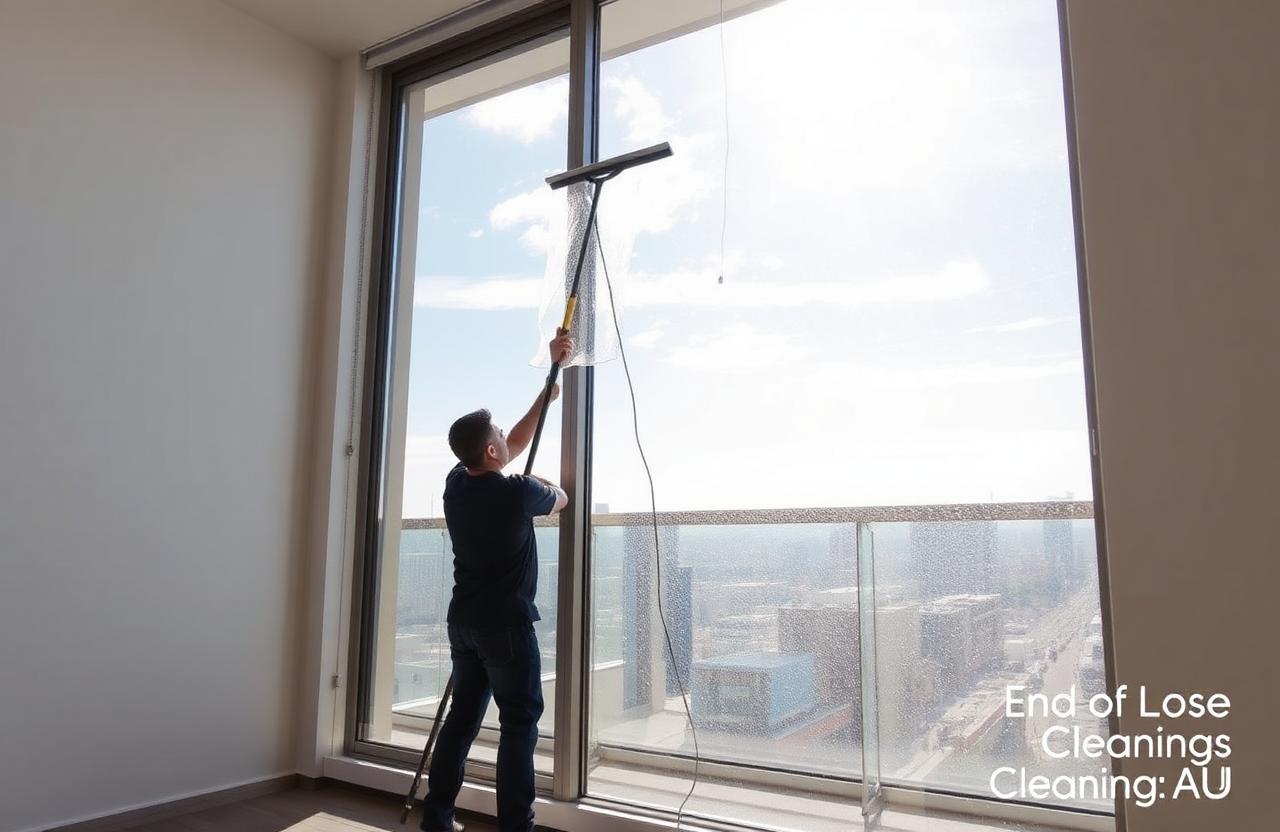 End of Lease Cleaning AU window cleaner squeegeeing a large window in a modern Australian apartment